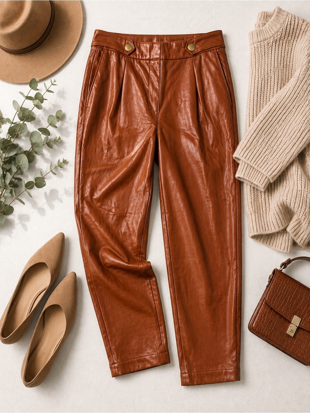 LOFT High-Rise Faux Leather Ankle Pants in Cognac Brown